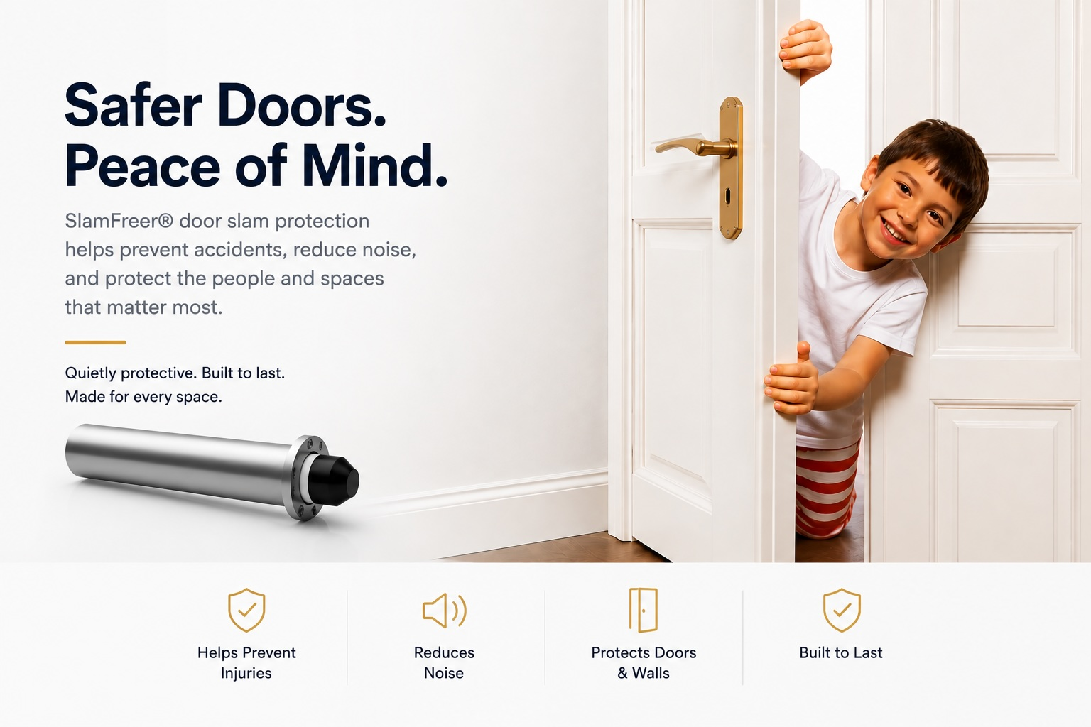 SlamFreer® door slam stopper providing smooth, quiet, and safe door protection for homes and commercial spaces.