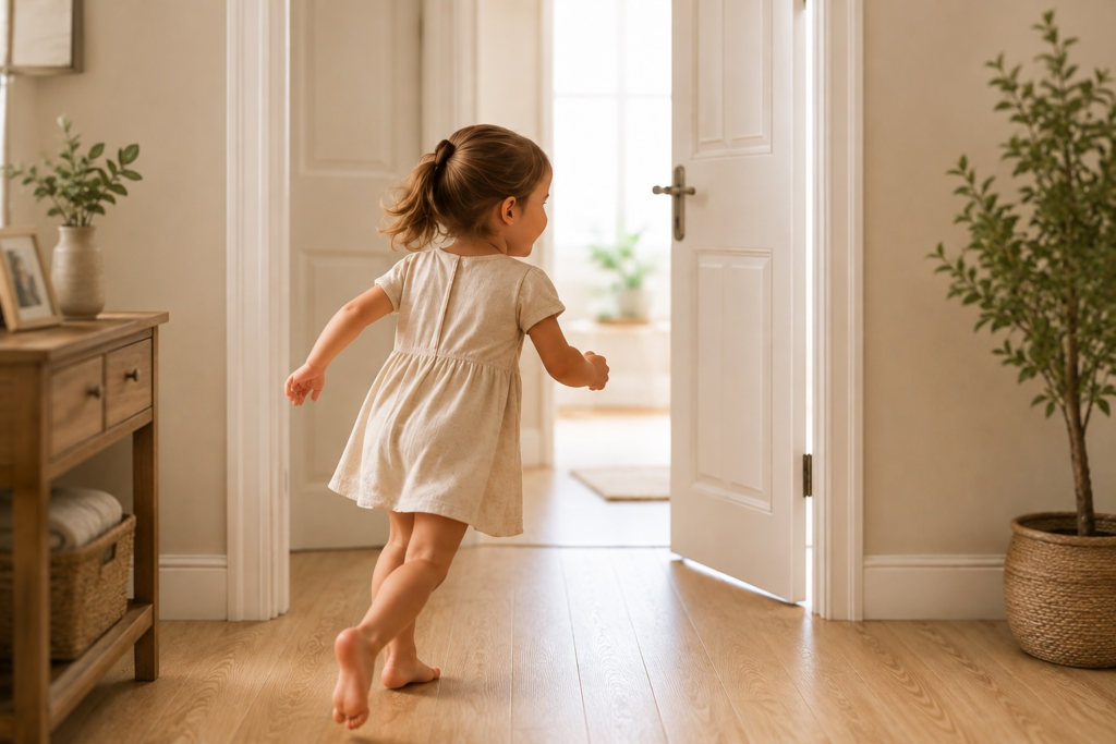 Child walking towards an open door in a modern home protected by SlamFreer® door slam safety solutions.