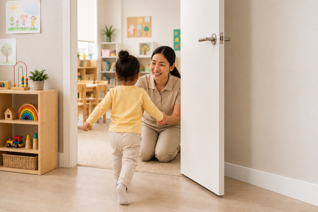 Child entering a childcare classroom with SlamFreer® door slam protection creating a safer environment for children and educators.