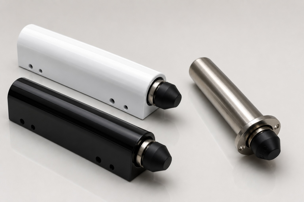 SlamFreer® door slam stoppers in white and black surface-mount housings alongside a stainless-steel concealed door slam stopper.